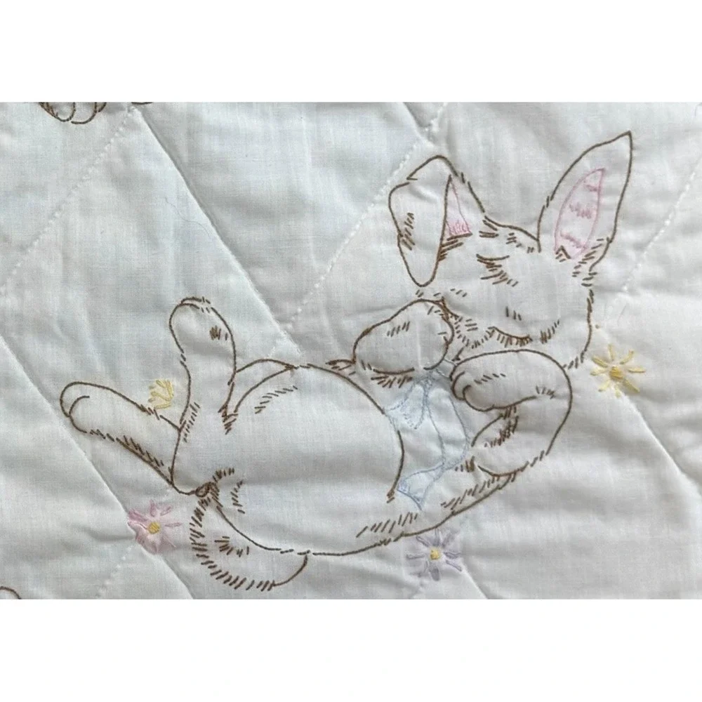 Vintage Baby Quilt Sleeping Bunnies Embroidered Crib Blanket Nursery 25x 32 1/2